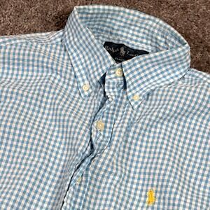 Ralph Lauren Button Front Shirt Men's Medium Blue Gingham Check Seersucker SS
